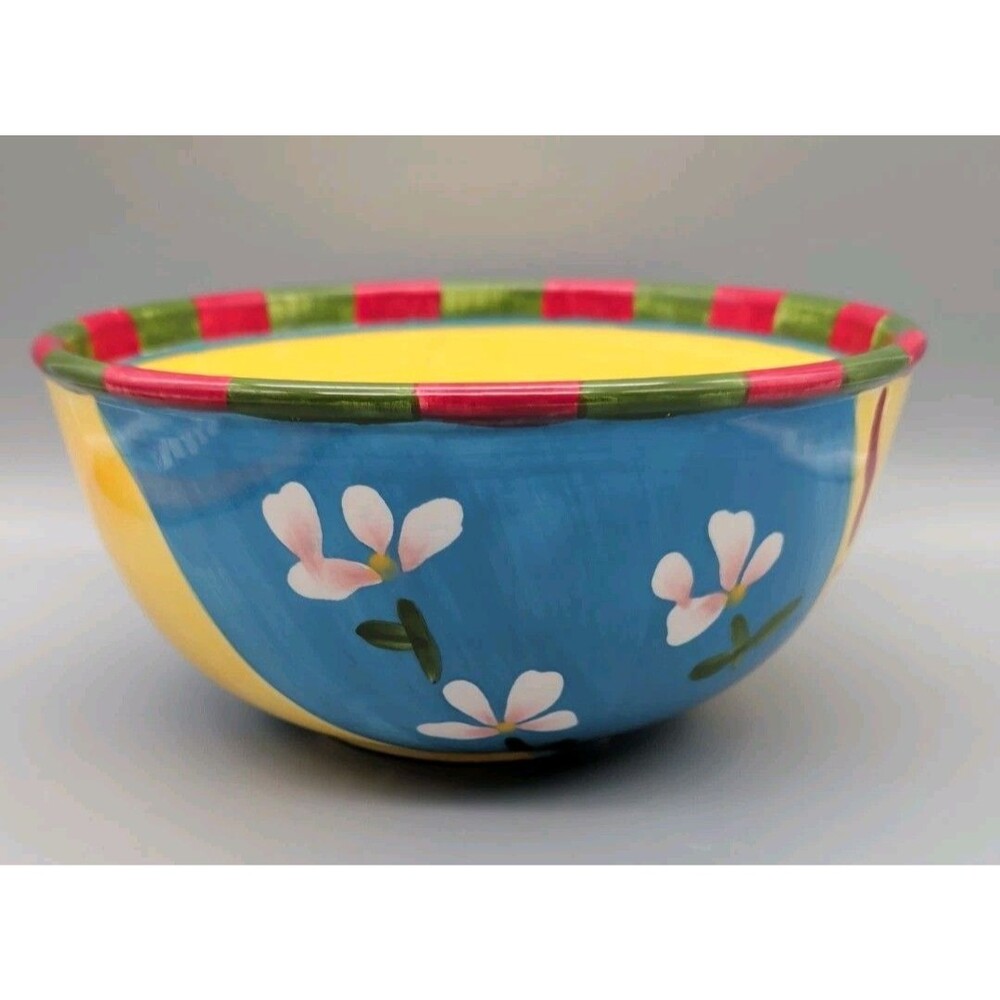 Dansk Taboo Saffron Large 10 Inch Salad Bowl - Hand Painted Yellow Blue Floral